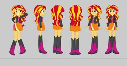 Size: 3884x2022 | Tagged: safe, artist:qbert2kcat, derpibooru import, sunset shimmer, human, equestria girls, boots, clothes, female, g4, gray background, high heel boots, image, jacket, png, shirt, shoes, simple background, skirt, solo