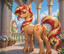 Size: 1024x864 | Tagged: safe, ai content, anonymous prompter, derpibooru import, machine learning generated, stable diffusion, sunset shimmer, butt, generator:pony diffusion v6 xl, image, looking at you, plot, png, unamused