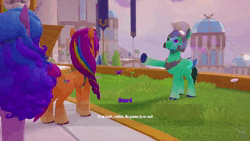 Size: 1280x720 | Tagged: safe, derpibooru import, hitch trailblazer, izzy moonbow, pipp petals, sunny starscout, earth pony, pegasus, pony, unicorn, g5, animated, brainwashed, cutscene, female, game screencap, guard, horn, image, male, mare, my little pony: a zephyr heights mystery, stallion, webm, zephyr heights