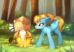 Size: 4093x2894 | Tagged: safe, artist:sofiko-ko, derpibooru import, oc, oc:beaky, oc:brave blossom, unofficial characters only, gryphon, pegasus, pony, fanfic:yellow feathers, absurd resolution, behaving like a cat, box, clothes, derpibooru exclusive, duo, female, forest, grass, high res, image, male, mother and child, mother and son, nature, png, tree, wallpaper