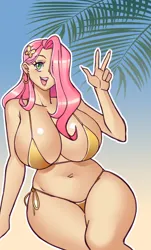 Size: 2120x3500 | Tagged: suggestive, artist:nauth, derpibooru import, fluttershy, human, equestria girls, beach, big breasts, bikini, breasts, clothes, g4, golden bikini, humanized, image, jpeg, presenting, sexy, string bikini, swimsuit