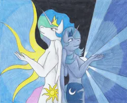 Size: 1000x813 | Tagged: safe, artist:lunarlight-prism, derpibooru import, princess celestia, princess luna, alicorn, anthro, abstract background, back to back, breasts, duo, female, image, jpeg, royal sisters, s1 luna, siblings, sideboob, sisters, traditional art