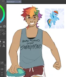 Size: 657x767 | Tagged: safe, artist:taffybuns, derpibooru import, rainbow dash, human, pony, bandaid, bandaid on nose, clenched fist, clip studio paint, clothes, female, filipino, g4, holding, humanized, image, jpeg, lidded eyes, multicolored hair, narrowed eyes, no catchlights, rainbow hair, screencap reference, shirt, shorts, simple background, smiling, solo, sports shorts, tan skin, tanktop, thick eyebrows, undershirt, water bottle, white background