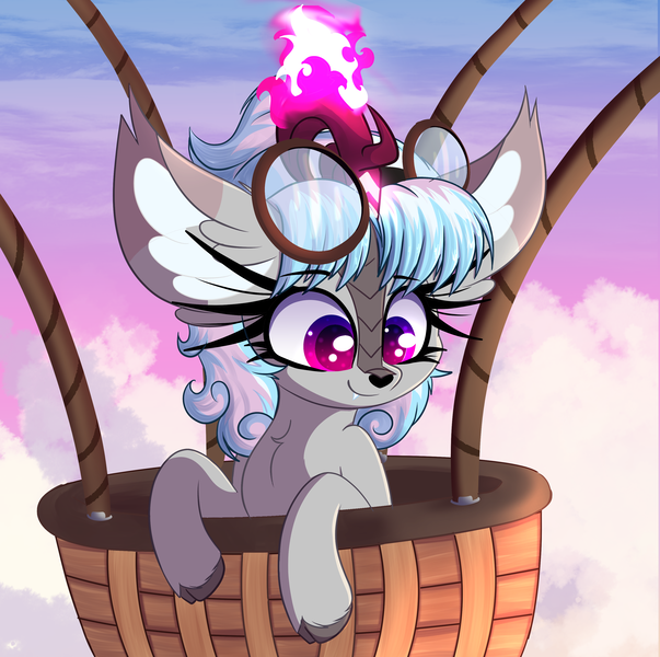 Size: 3114x3097 | Tagged: safe, artist:windykirin, derpibooru import, oc, oc:windshear, unofficial characters only, kirin, burning, cloud, female, flying, goggles, hot air balloon, image, kirin oc, magic, png, solo