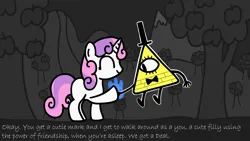 Size: 1280x720 | Tagged: safe, artist:snowflakepone, derpibooru import, sweetie belle, pony, bill cipher, blue fire, cute, female, filly, fire, foal, gravity falls, gray, gray background, hoofshake, image, png, simple background, text