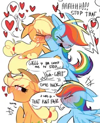 Size: 1355x1670 | Tagged: safe, artist:appledash3r_, derpibooru import, applejack, rainbow dash, earth pony, pegasus, pony, 2 panel comic, ><, appledash, applejack's hat, blonde mane, blonde tail, blue coat, blue tongue, blushing, blushing profusely, colored, colored sketch, colored tongue, comic, cowboy hat, dialogue, duo, duo female, emanata, eye clipping through hair, eyelashes, eyes closed, female, flat colors, flirting, floating heart, floppy ears, freckles, g4, hat, heart, image, jpeg, lesbian, lidded eyes, looking at each other, looking at someone, mare, multicolored hair, multicolored mane, multicolored tail, open mouth, open smile, orange coat, ponytail, rainbow hair, rainbow tail, screaming, shipping, simple background, sketch, smiling, smiling at each other, speech bubble, spread wings, tail, talking, teasing, text, tied mane, tied tail, tongue out, tsunderainbow, tsundere, wavy mouth, white background, wings, wings down