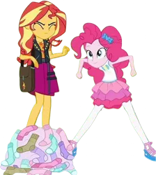 Size: 2262x2520 | Tagged: safe, derpibooru import, edit, edited screencap, editor:homersimpson1983, screencap, pinkie pie, sunset shimmer, human, equestria girls, equestria girls series, sock it to me, spoiler:eqg series (season 2), background removed, bag, clothes, duo, duo female, female, g4, image, my little pony equestria girls: choose your own ending, not a vector, png, socks