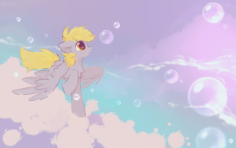 Size: 2048x1288 | Tagged: safe, artist:mirtash, derpibooru import, derpy hooves, pegasus, pony, big eyes, blonde mane, blonde tail, bubble, chest fluff, cloud, colored, cute, day, derpabetes, detailed background, ear fluff, floppy ears, flying, g4, gray mane, gray tail, image, in awe, jpeg, long mane, long tail, open mouth, outdoors, partially open wings, profile, raised hoof, shiny eyes, solo, tail, wing fluff, wingding eyes, wings, wings down, yellow eyes, yellow mane, yellow tail