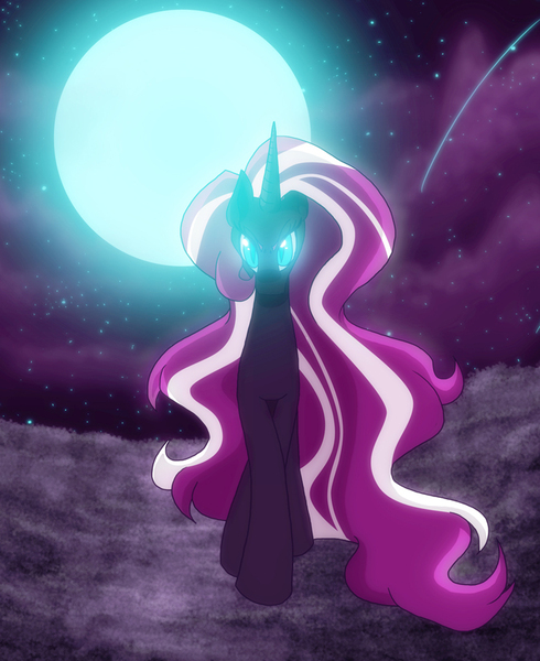 Size: 674x826 | Tagged: safe, artist:ashleynicholsart, banned from derpibooru, deleted from derpibooru, idw, part of a set, ponerpics import, ponybooru import, nightmare rarity, pony, unicorn, cloud, crossed legs, female, glowing eyes, hair stripe, image, jpeg, moon, night, nightmarified, rock, sky, solo, stone