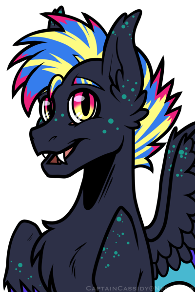 Size: 2400x3600 | Tagged: safe, artist:captaincassidy, derpibooru import, oc, oc:poison blast, unofficial characters only, bat pony, hybrid, pegasus, bat pony oc, bat wings, blue mane, bust, chest fluff, ear fluff, fangs, fluffy, freckles, g4, hybrid oc, image, male, pegasus oc, pink eyes, png, raised hoof, simple background, smiling, spread wings, technicolor, trans male, transgender, transgender oc, transmasc, transparent background, wings, yellow eyes