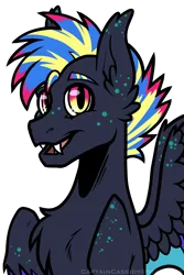 Size: 2400x3600 | Tagged: safe, artist:captaincassidy, derpibooru import, oc, oc:poison blast, unofficial characters only, bat pony, hybrid, pegasus, bat pony oc, bat wings, blue mane, bust, chest fluff, ear fluff, fangs, fluffy, freckles, g4, hybrid oc, image, male, pegasus oc, pink eyes, png, raised hoof, simple background, smiling, spread wings, technicolor, trans male, transgender, transgender oc, transmasc, transparent background, wings, yellow eyes
