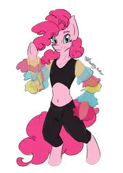 Size: 1394x1949 | Tagged: safe, artist:destiny_manticor, derpibooru import, pinkie pie, earth pony, pony, semi-anthro, belly, clothes, fluffy hair, g4, image, looking at you, png, simple background, smiling, solo, transparent background