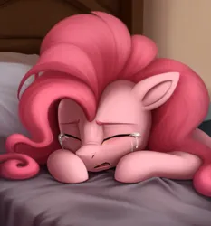 Size: 545x586 | Tagged: safe, ai content, derpibooru import, generator:yiffymixv36, machine learning generated, prompter:morishy1000, pinkie pie, earth pony, pony, bed, crying, depressed, eyes closed, female, g4, image, jpeg, mare, on bed, solo