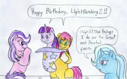 Size: 2435x1515 | Tagged: safe, artist:jose-ramiro, derpibooru import, sunny starscout, trixie, twilight sparkle, twilight sparkle (alicorn), oc, alicorn, earth pony, unicorn, g5, dialogue, female, g4, happy birthday, horn, image, jpeg, sunny and her heroine