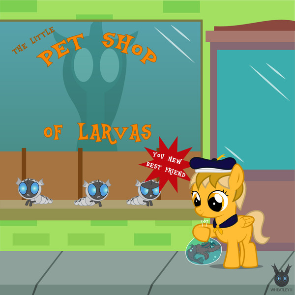 Size: 1418x1418 | Tagged: safe, artist:wheatley r.h., derpibooru import, queen chrysalis, oc, oc:captain price, oc:red widow, changeling, changeling larva, pegasus, pony, siren, comic:the little pet shop of larvas, baby, baby siren, comic, derpibooru exclusive, female, filly, foal, hat, image, implied chrysalis, jpeg, pegasus oc, pet shop, silhouette, siren oc, vector, watermark, wings