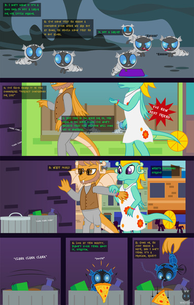 Size: 2134x3351 | Tagged: safe, artist:wheatley r.h., derpibooru import, oc, oc:w. rhinestone eyes, changeling, changeling larva, dragon, comic:the little pet shop of larvas, blue changeling, bracelet, clothes, comic, derpibooru exclusive, dragon oc, female, food, glasses, image, jewelry, jpeg, male, non-pony oc, onomatopoeia, pet shop, pizza, silhouette, spread wings, trash can, vector, watermark, wings