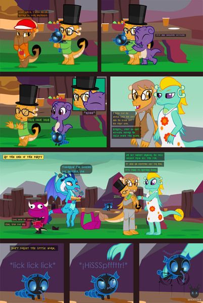 Size: 2134x3186 | Tagged: safe, artist:wheatley r.h., derpibooru import, princess ember, oc, oc:myoozik the dragon, oc:myut the dragon, oc:tyoon, oc:w. rhinestone eyes, changeling, changeling larva, dragon, comic:the little pet shop of larvas, baby, baby dragon, baseball cap, birthday cake, blue changeling, cake, cap, clothes, comic, derpibooru exclusive, dragon costume, dragon oc, dragoness, female, food, glasses, hat, image, jpeg, kiss on the cheek, kissing, male, non-pony oc, onomatopoeia, spread wings, vector, watermark, wings