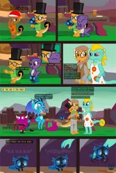 Size: 2134x3186 | Tagged: safe, artist:wheatley r.h., derpibooru import, princess ember, oc, oc:myoozik the dragon, oc:myut the dragon, oc:tyoon, oc:w. rhinestone eyes, changeling, changeling larva, dragon, comic:the little pet shop of larvas, baby, baby dragon, baseball cap, birthday cake, blue changeling, cake, cap, clothes, comic, derpibooru exclusive, dragon costume, dragon oc, dragoness, female, food, glasses, hat, image, jpeg, kiss on the cheek, kissing, male, non-pony oc, onomatopoeia, spread wings, vector, watermark, wings