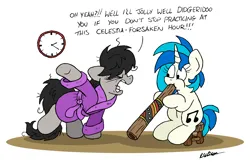 Size: 2529x1635 | Tagged: safe, artist:bobthedalek, derpibooru import, octavia melody, vinyl scratch, earth pony, pony, unicorn, bathrobe, bed mane, clock, clothes, didgeridoo, horn, image, messy mane, musical instrument, octavia is not amused, png, robe, unamused