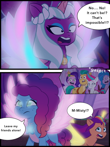 Size: 768x1024 | Tagged: safe, artist:bluemario11, derpibooru import, hitch trailblazer, izzy moonbow, pipp petals, sunny starscout, zipp storm, alicorn, earth pony, pegasus, unicorn, g5, my little pony: a new generation, alicornified, comic, dialogue, fake, faker than a three dollar bill, female, horn, image, male, misty brightdawn, mistycorn, opaline arcana, png, race swap, rebirth misty, sunnycorn