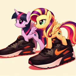Size: 1024x1024 | Tagged: safe, ai content, artist:tom artista, derpibooru import, machine learning generated, prompter:tom artista, sunset shimmer, twilight sparkle, twilight sparkle (alicorn), alicorn, pegasus, artificial intelligence, background, clothes, colored, drip, female, g4, image, jpeg, nike, princess, shoes, simple, simple background, sneakers