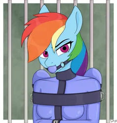 Size: 1425x1500 | Tagged: suggestive, artist:seltiox, derpibooru import, rainbow dash, anthro, pegasus, pony, ballgag, bdsm, belts, bodysuit, bondage, bound, bound and gagged, bound wings, breasts, captured, caught, clothes, damsel in distress, dashsub, digital art, encasement, female, femsub, fetish, g4, gag, helpless, image, kidnapped, latex, latex suit, lock, long term, mare, peril, png, prisoner, restrained, rubber, shiny, skintight, solo, solo female, straitjacket, straps, submissive, tied, tied up, wing sleeves, wings, wrapped up