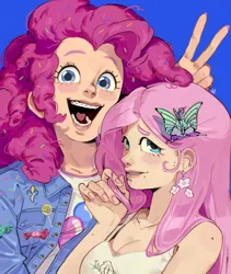 Size: 1915x2264 | Tagged: safe, artist:manysketchbooks, derpibooru import, fluttershy, pinkie pie, human, blue background, braces, breasts, busty fluttershy, cleavage, clothes, denim, denim jacket, duo, duo female, ear piercing, earring, female, hair accessory, high res, humanized, image, jacket, jewelry, mole, open mouth, open smile, peace sign, piercing, png, simple background, smiling