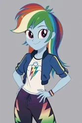 Size: 512x768 | Tagged: safe, ai content, derpibooru import, machine learning generated, prompter:bigfanbud123, rainbow dash, human, equestria girls, clothes, female, g4, gray background, hand on hip, hoodie, image, pants, png, shirt, simple background, smiling, t-shirt, tomboy, wristband
