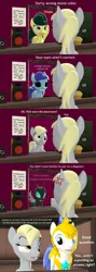 Size: 1920x5400 | Tagged: safe, artist:red4567, derpibooru import, carrot top, derpy hooves, golden harvest, minuette, changeling, 3d, comic, derpy hooves is not amused, disguise, disguised changeling, fail, image, oops, png, royal guard, source filmmaker, that's not my neighbor, unamused, wrong eye color, wrong mane color