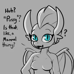 Size: 4500x4500 | Tagged: suggestive, artist:tjpones, derpibooru import, smolder, anthro, dragon, absurd resolution, breasts, bust, busty smolder, dragoness, fangs, featureless breasts, female, g4, gray background, grayscale, image, lizard breasts, looking at you, monochrome, open mouth, open smile, partial color, png, question mark, simple background, smiling, smiling at you, solo, solo female, talking to viewer