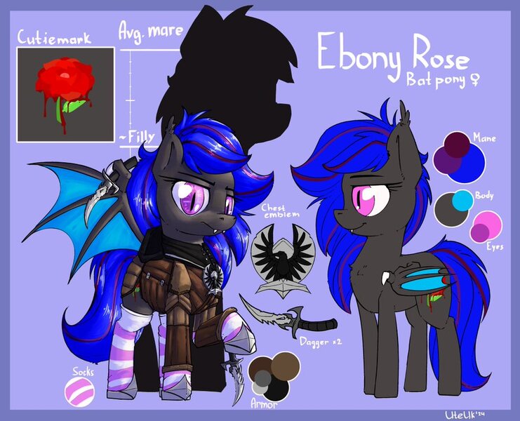 Size: 900x729 | Tagged: safe, artist:uteuk, derpibooru import, oc, oc:ebony rose, unofficial characters only, bat pony, pony, armor, clothes, female, image, jpeg, mare, passepartout, reference sheet, socks, stockings, thigh highs, weapon