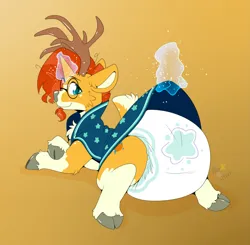 Size: 1937x1902 | Tagged: safe, artist:maynara, derpibooru import, sunburst, deer, butt, cape, cheek fluff, chest fluff, clothes, cloven hooves, deerified, diaper, diaper fetish, fetish, glasses, image, lying down, magic, male, plot, png, poofy diaper, prone, solo, species swap, telekinesis