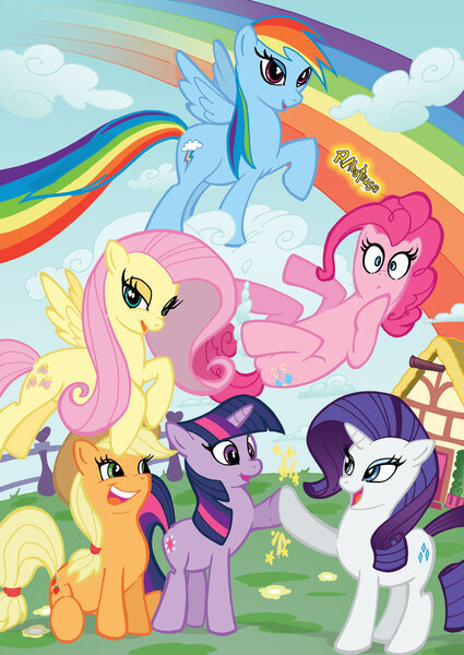 Size: 958x1354 | Tagged: safe, artist:paul abstruse, derpibooru import, applejack, fluttershy, pinkie pie, rainbow dash, rarity, twilight sparkle, earth pony, pegasus, pony, unicorn, 2013, applejack's hat, cloud, cowboy hat, female, fence, flower, flying, g4, group, hat, hoofbump, horn, house, image, jpeg, lidded eyes, mane six, mare, on a cloud, open mouth, open smile, outdoors, ponyville, rainbow, raised hoof, signature, sitting, smiling, spread wings, tail, unicorn twilight, wings