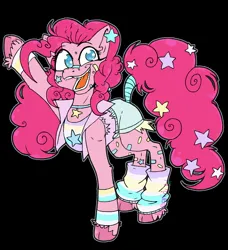 Size: 1822x2000 | Tagged: safe, artist:crowbar19, derpibooru import, pinkie pie, earth pony, pony, black background, clothes, female, g4, image, jewelry, jpeg, leg warmers, mare, maydendressup, necklace, simple background, smiling, solo, tail, tail wrap, waving