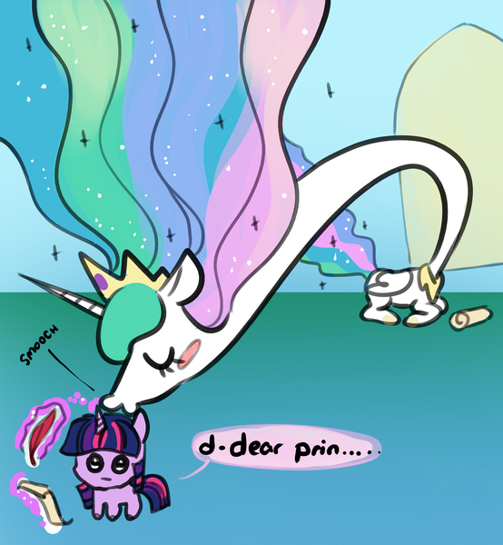 Size: 2440x2644 | Tagged: safe, artist:opalacorn, derpibooru import, princess celestia, twilight sparkle, alicorn, pony, unicorn, ..., autism creature, blushing, dialogue, duo, friendship report, horn, image, jewelry, jpeg, kissing, long neck, magic, parchment, princess necklestia, quill, regalia, scroll, speech bubble, stuttering, telekinesis, unicorn twilight, writing