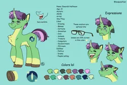Size: 3600x2400 | Tagged: safe, artist:socialgutbrain777, derpibooru import, oc, oc:emerald halfmoon, unofficial characters only, pony, unicorn, adhd, amogus eyes, among us, autism, crying, female, glasses, green fur, horn, image, looking up, meme, open mouth, png, purple hair, reference sheet, sad, silly face, simple background, solo, solo female, teal eyes