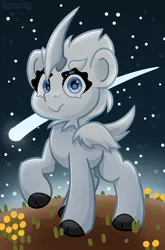 Size: 2544x3850 | Tagged: safe, artist:partypievt, derpibooru import, ponified, fluffy pony, pony, unicorn, beak, eyebrows, flower, fluffy, hooves, horn, image, jpeg, looking at you, rimworld, sharp horn, shooting star, solo, space, stars, thrumbo, unshorn fetlocks