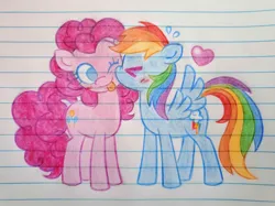 Size: 2435x1824 | Tagged: safe, artist:snackbits, derpibooru import, pinkie pie, rainbow dash, earth pony, pegasus, pony, :p, blushing, cute, dashabetes, diapinkes, duo, duo female, emanata, eyes closed, female, g4, heart, image, jpeg, kiss on the cheek, kissing, lesbian, lined paper, mare, no pupils, one eye closed, one wing out, pinkiedash, plewds, shipping, tongue out, traditional art, wings