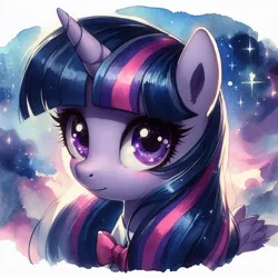Size: 1024x1024 | Tagged: safe, ai content, derpibooru import, machine learning generated, twilight sparkle, twilight sparkle (alicorn), alicorn, pony, bowtie, cute, female, g4, generator:dall-e 3, image, jpeg, looking at you, mare, solo, solo female, stars, traditional art, twiabetes, watercolor painting