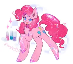 Size: 2048x1789 | Tagged: safe, artist:emoboy130, derpibooru import, pinkie pie, earth pony, pony, :3, bandaid, blue eyes, checkered background, chest fluff, colored hooves, colored pinnae, curly mane, curly tail, ear fluff, eyelashes, g4, glitter, glitter pony, image, long mane, long tail, looking at you, nail polish, open mouth, open smile, pink coat, pink hair, pink hooves, pink mane, pink tail, png, raised hoof, raised leg, shiny coat, shiny hooves, shrunken pupils, signature, smiling, smiling at you, solo, sparkles, sparkly coat, sparkly mane, sparkly tail, standing, tail