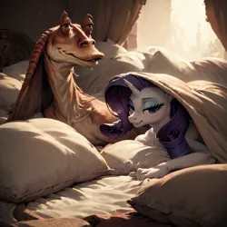 Size: 1024x1024 | Tagged: safe, ai content, derpibooru import, machine learning generated, rarity, anthro, unicorn, bed, bed sheets, crossover, crossover shipping, forbidden love, horn, image, jar jar binks, looking at you, pillow, png, shipping, smiling, smiling at you, star wars