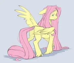 Size: 2048x1735 | Tagged: safe, artist:chub-wub, derpibooru import, fluttershy, pony, colored, colored sketch, ear fluff, floppy ears, g4, hatching (technique), image, impossibly long mane, impossibly long tail, jpeg, lidded eyes, long mane, long tail, looking back, male, not rule 63, one wing out, pink hair, pink mane, requested art, shadow, sketch, smiling, solo, stallion, standing, tail, teal eyes, trans fluttershy, trans male, transgender, unshorn fetlocks, wing fluff, wings, yellow coat
