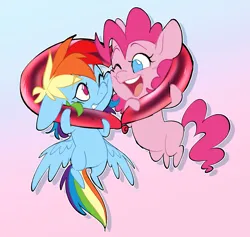 Size: 2048x1943 | Tagged: safe, artist:chub-wub, derpibooru import, pinkie pie, rainbow dash, pony, balloon, blue coat, blue eyes, blushing, cheek squish, chibi, colored, colored eyebrows, curly mane, curly tail, duo, duo female, eyelashes, female, g4, gradient background, image, jpeg, lesbian, long mane, long tail, looking at each other, looking at someone, mare, multicolored hair, one eye closed, open mouth, open smile, outline, pink coat, pink eyes, pink hair, pink mane, pink tail, pinkiedash, rainbow hair, rainbow tail, requested art, shadow, shipping, smiling, smiling at each other, squishy cheeks, tail, teeth, tongue out, wings, wings down