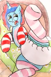 Size: 2143x3205 | Tagged: suggestive, artist:bitter sweetness, derpibooru import, unicorn, g5, my little pony: a new generation, my little pony: make your mark, my little pony: tell your tale, abdl, adult foal, bed, clothes, diaper, diaper fetish, father and child, father and daughter, female, fetish, horn, image, jpeg, laying on bed, lying down, male, mattress, misty brightdawn, non-baby in diaper, on bed, open mouth, poofy diaper, socks, striped socks, traditional art