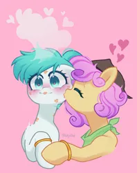 Size: 1540x1941 | Tagged: safe, artist:inkp0ne, derpibooru import, lovestruck, oc, oc:lucid mirage, oc:quickdraw, blushing, commissioner:dhs, cowboy hat, cute, freckles, handkerchief, happy, hat, heart, heart eyes, holding hooves, hoof ring, image, kiss mark, lipstick, love, png, simple background, smooch, steam, wingding eyes