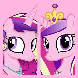 Size: 1080x1080 | Tagged: safe, artist:andoanimalia, artist:anime-equestria, derpibooru import, edit, editor:jaredking779, princess cadance, alicorn, pony, crown, ear piercing, earring, female, g4, image, jewelry, jpeg, mare, necklace, piercing, pink background, regalia, self paradox, self ponidox, simple background, solo, then and now