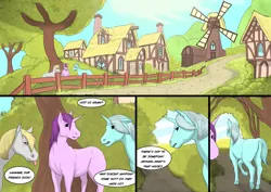 Size: 2283x1614 | Tagged: safe, artist:ivanfromafar, derpibooru import, amethyst star, derpy hooves, lyra heartstrings, earth pony, pony, unicorn, comic:feeling a little horse, butt, comic, dialogue, female, hoers, horn, image, jpeg, mare, plot, ponyville, tongue out, wingless