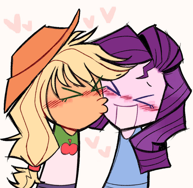 Size: 968x947 | Tagged: safe, artist:wanderingpegasus, derpibooru import, applejack, rarity, human, equestria girls, ><, applejack's hat, armless, blushing, cowboy hat, cute, duo, duo female, eyes closed, female, g4, hairband, hat, heart, image, jackabetes, jpeg, kiss on the cheek, kissing, lesbian, open mouth, raribetes, rarijack, shipping, simple background, white background