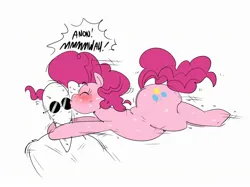Size: 2252x1688 | Tagged: safe, artist:mhdrawin, derpibooru import, pinkie pie, oc, oc:anon, earth pony, human, pony, balloonbutt, blushing, butt, duo, duo male and female, fat, female, image, jpeg, kiss on the cheek, kissing, large butt, male, mare, plot, pudgy pie, simple background, speech bubble, sunglasses, sweat, tackle hug, white background