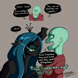 Size: 3000x3000 | Tagged: safe, artist:inuyuru, derpibooru import, queen chrysalis, oc, oc:anon, changeling, changeling queen, human, dialogue, duo, duo male and female, female, glow, glowing eyes, gray background, high res, image, jpeg, male, open mouth, simple background, speech bubble, sweat, wavy mouth, yandere